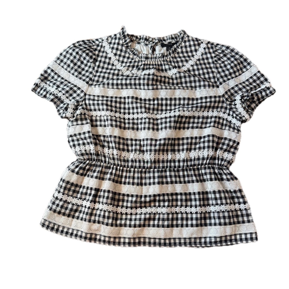 J. Crew Women Black Gingham Lace Trim Peplum Daisy‎ Chain Top Size S Coquette